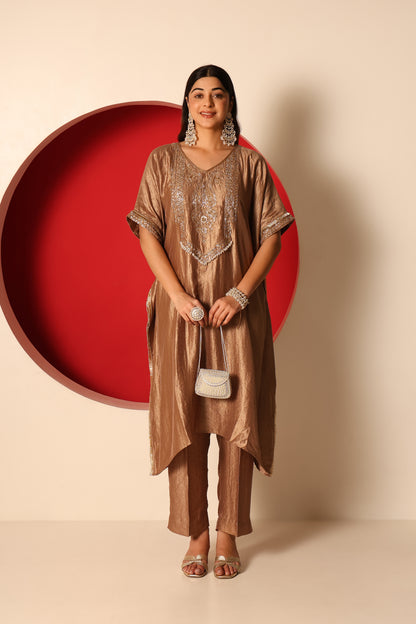 Raina- Gold Tissue kaftan with chanderi silk pants Set