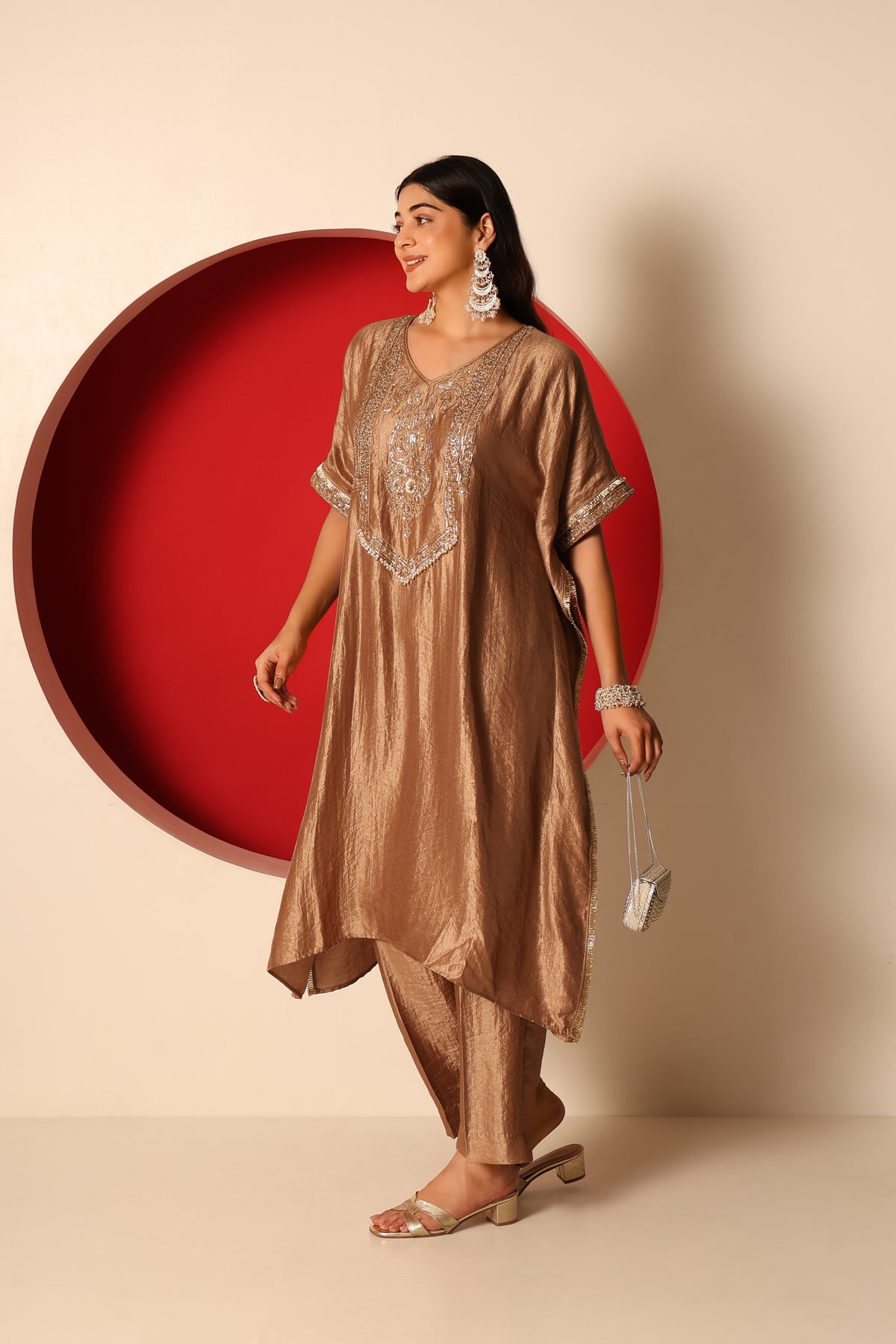 Raina- Gold Tissue kaftan with chanderi silk pants Set