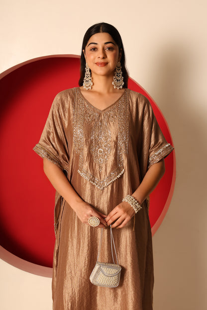 Raina- Gold Tissue kaftan with chanderi silk pants Set
