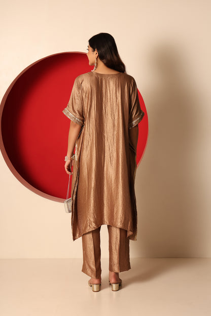 Raina- Gold Tissue kaftan with chanderi silk pants Set