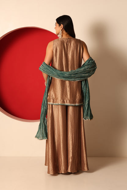 Riva- Gold Tissue short Kurta and Flaired pants paired with crush chanderi dupatta