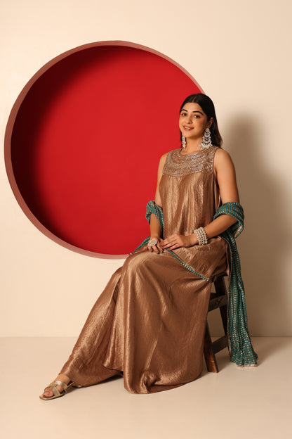Riva- Gold Tissue short Kurta and Flaired pants paired with crush chanderi dupatta