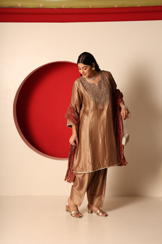Amreen- Gold tissue Kurta, Salwar with chanderi crush Dupatta
