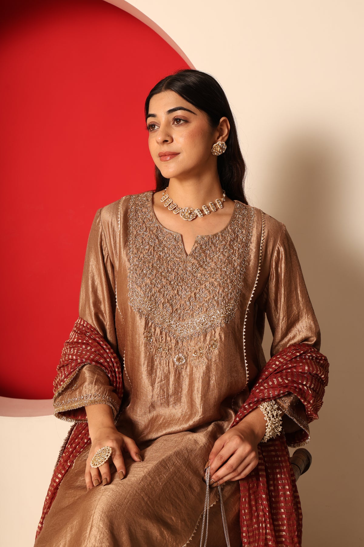 Amreen- Gold tissue Kurta, Salwar with chanderi crush Dupatta