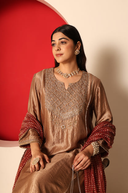 Amreen- Gold tissue Kurta, Salwar with chanderi crush Dupatta