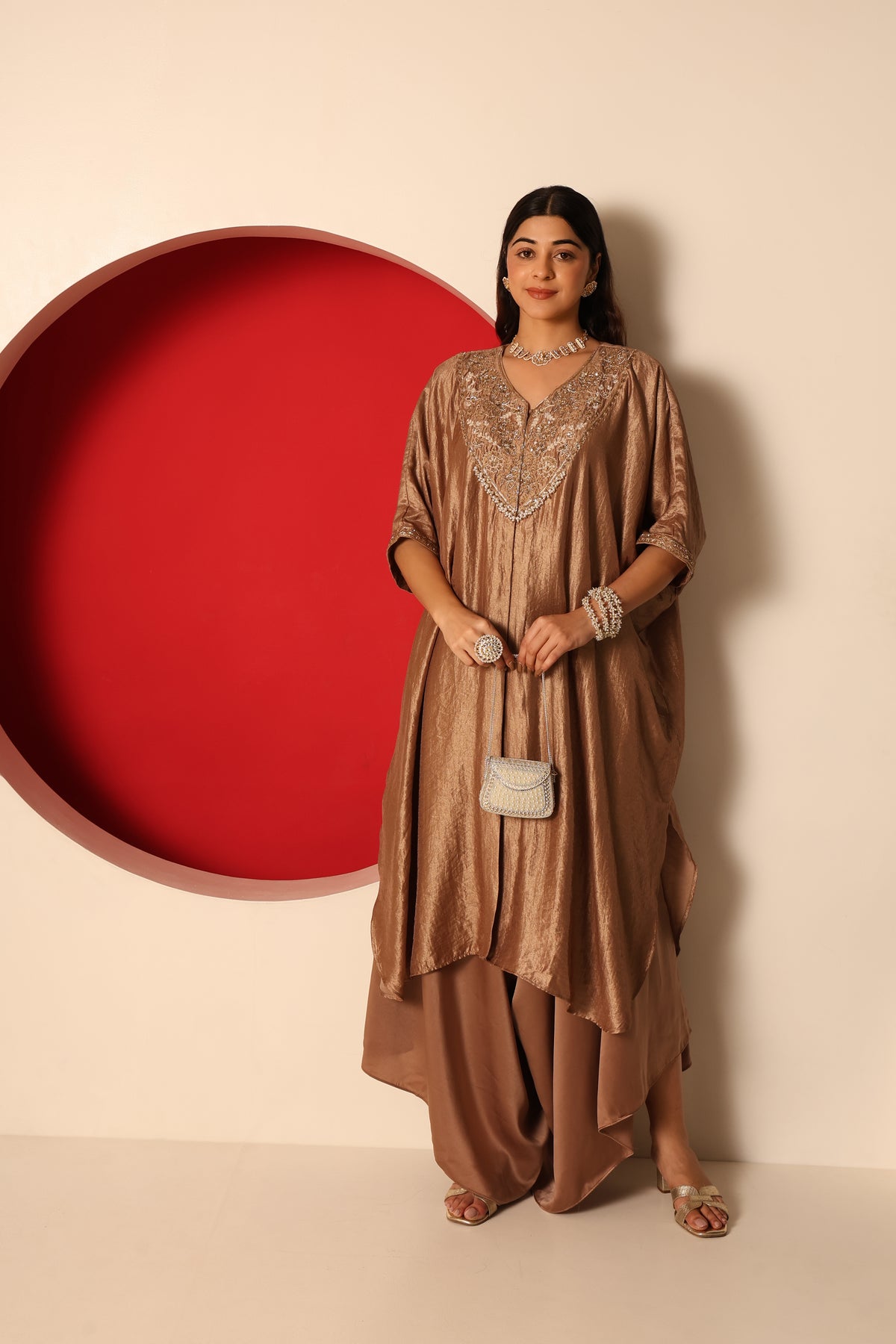 Reva- Gold Tissue kaftan with Satin Balloon pants Set