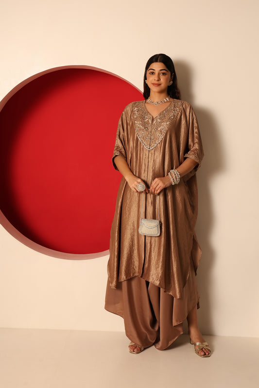 Reva- Gold Tissue kaftan with Satin Balloon pants Set