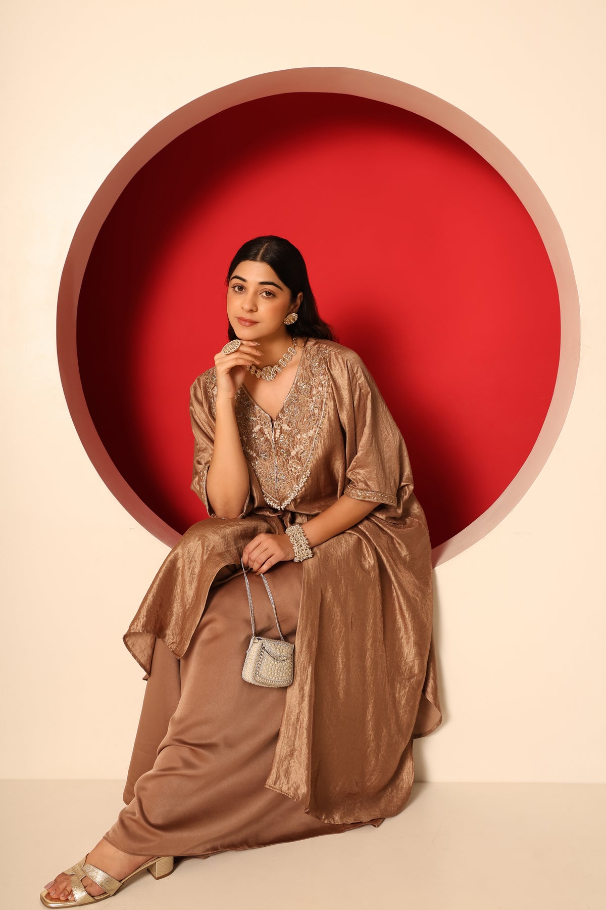 Reva- Gold Tissue kaftan with Satin Balloon pants Set