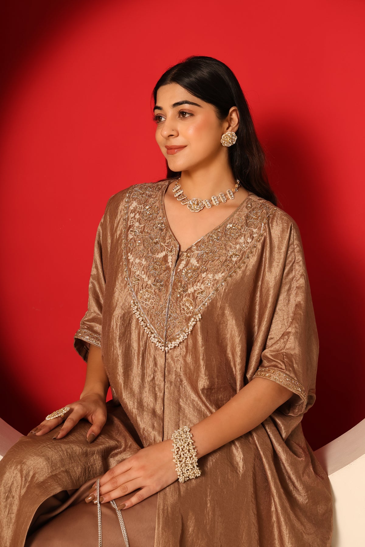 Reva- Gold Tissue kaftan with Satin Balloon pants Set