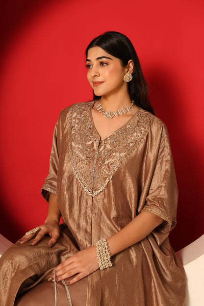 Reva- Gold Tissue kaftan with Satin Balloon pants Set