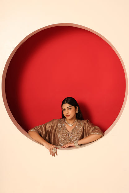 Reva- Gold Tissue kaftan with Satin Balloon pants Set