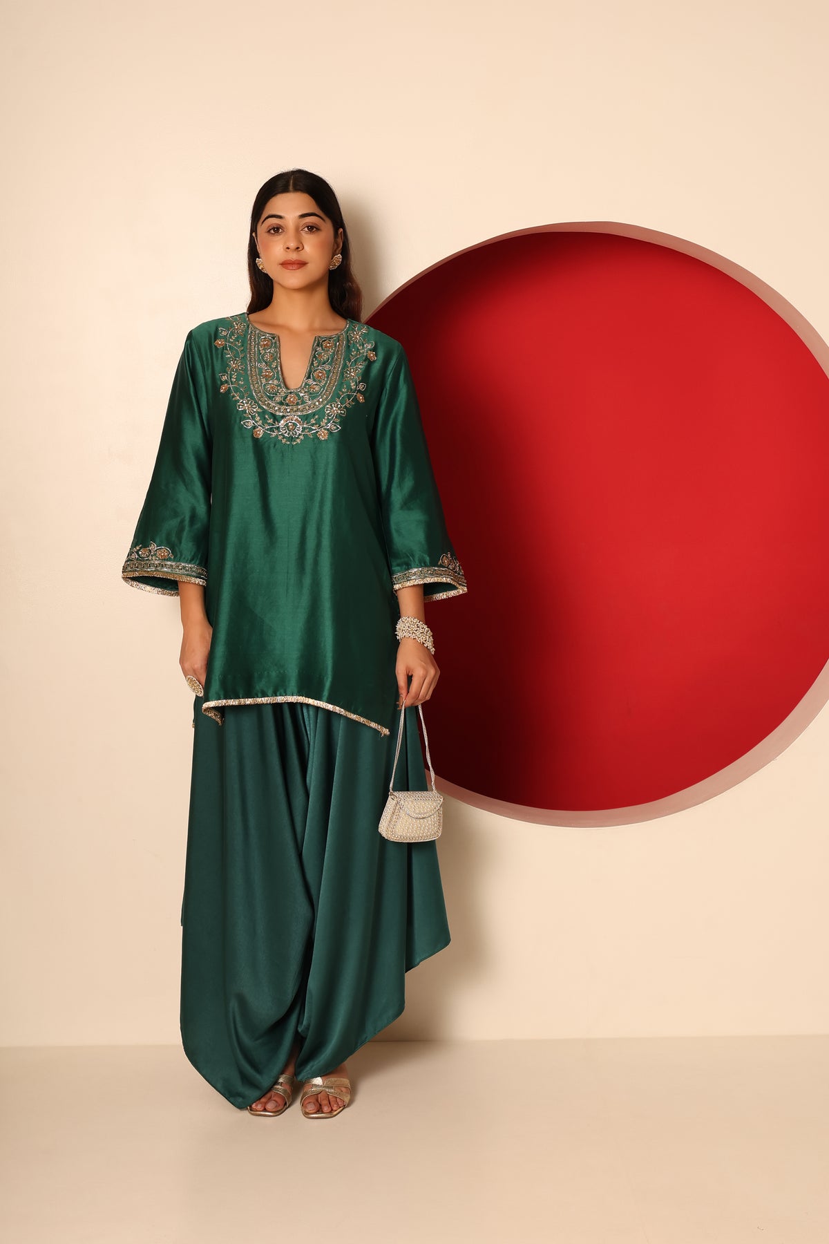 Ziya- Green chanderi silk Short Kurta with Satin Balloon pants Set