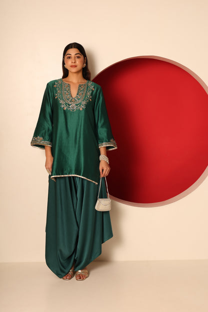 Ziya- Green chanderi silk Short Kurta with Satin Balloon pants Set