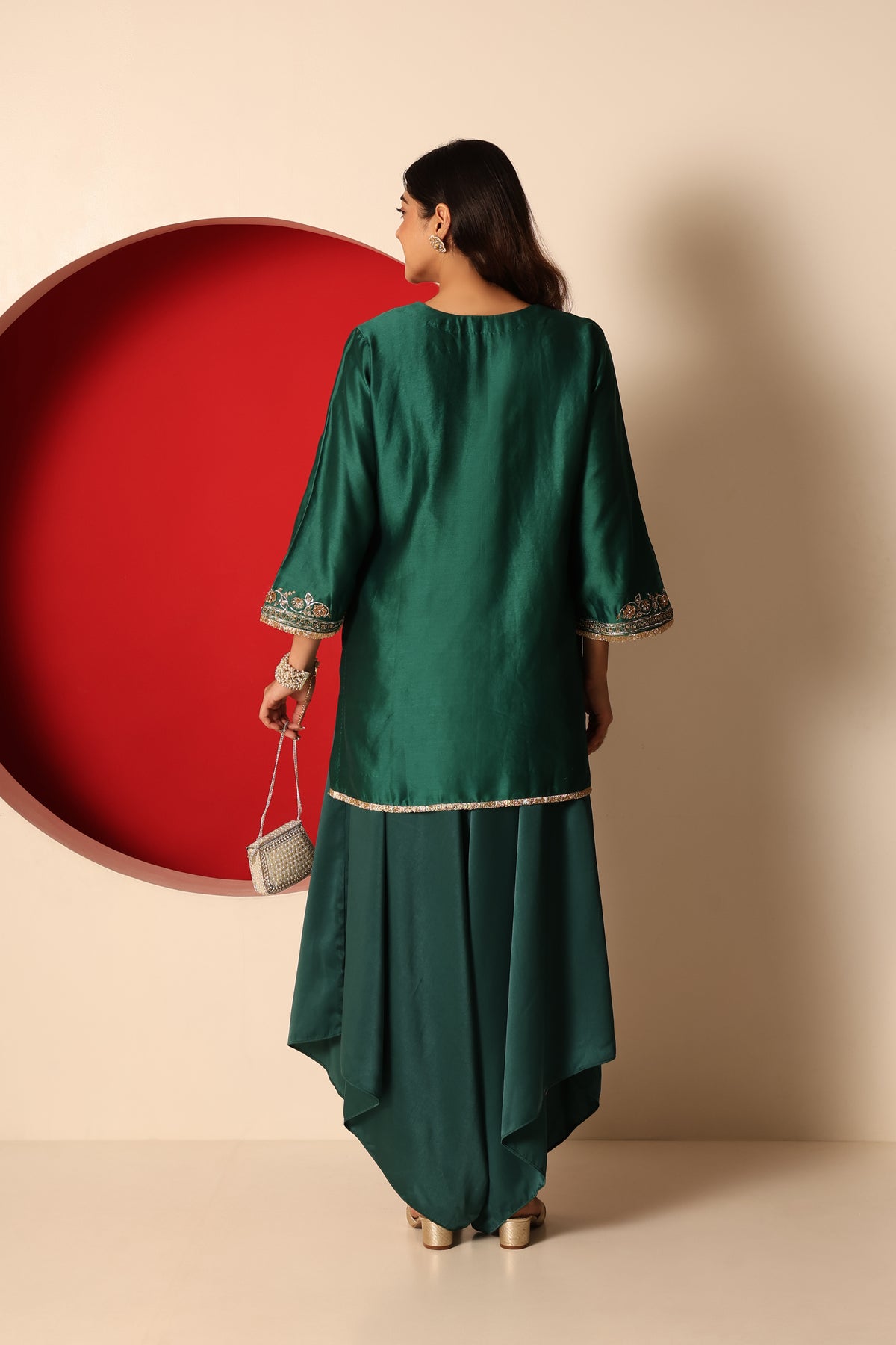 Ziya- Green chanderi silk Short Kurta with Satin Balloon pants Set