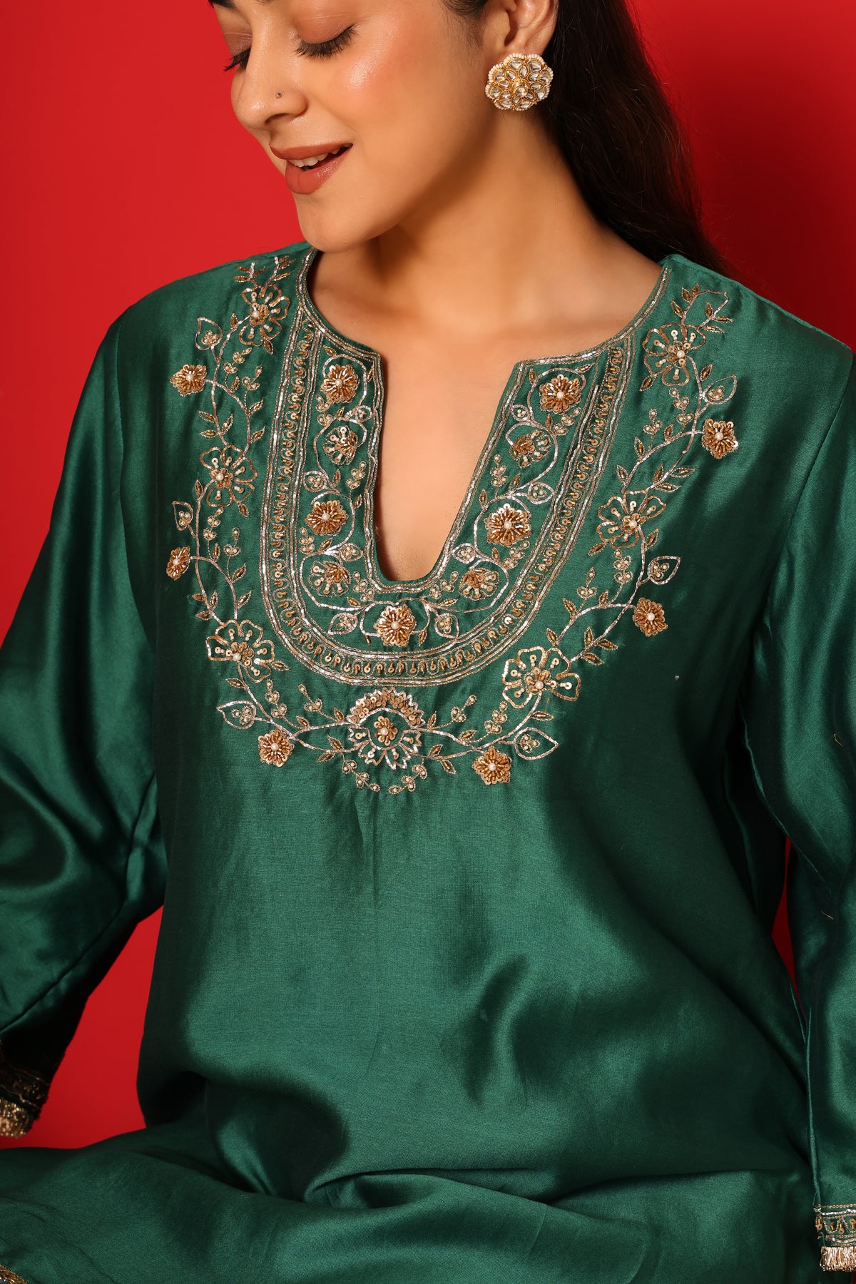 Ziya- Green chanderi silk Short Kurta with Satin Balloon pants Set
