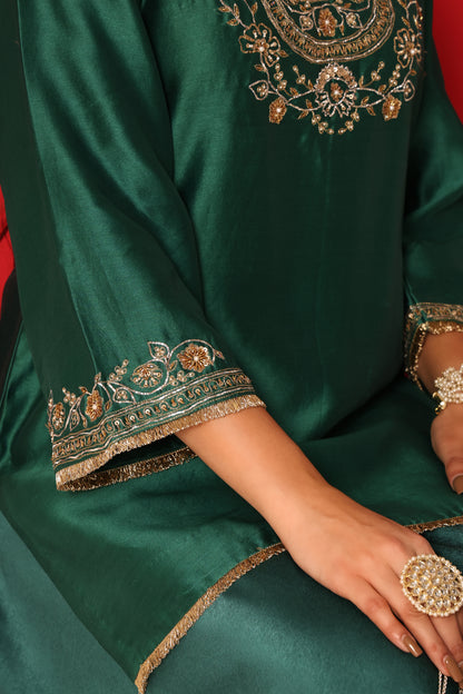 Ziya- Green chanderi silk Short Kurta with Satin Balloon pants Set