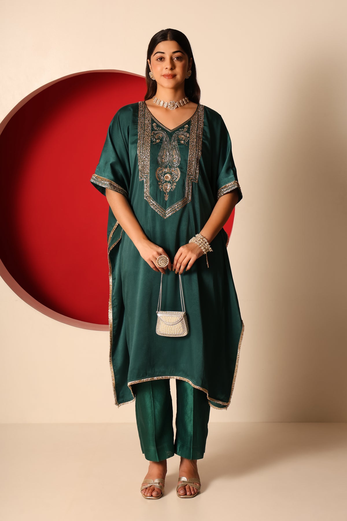Yana- Green Satin kaftan and Chanderi silk Pants Set