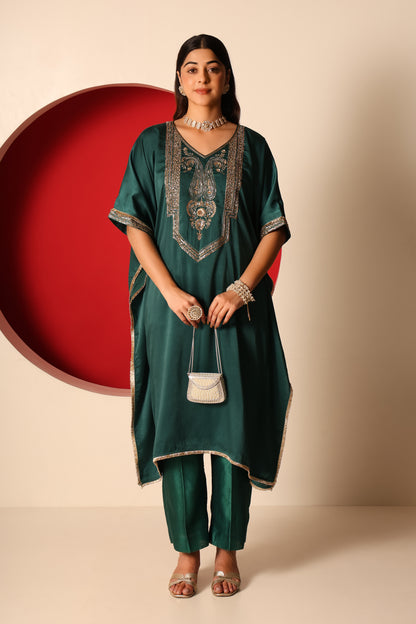 Yana- Green Satin kaftan and Chanderi silk Pants Set