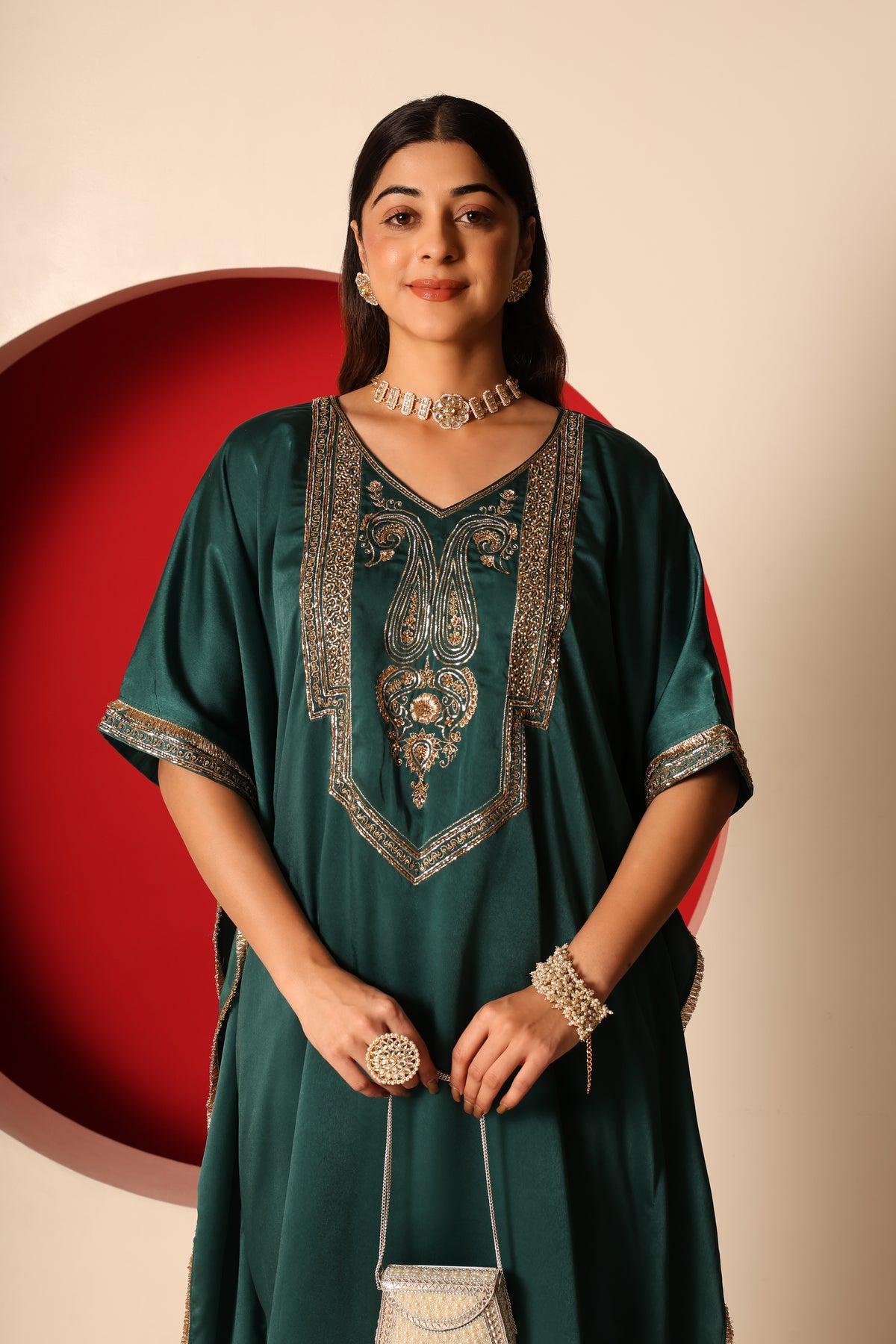 Yana- Green Satin kaftan and Chanderi silk Pants Set