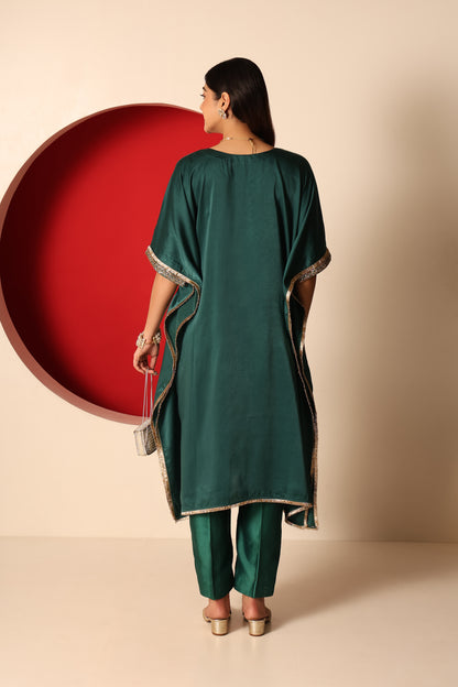 Yana- Green Satin kaftan and Chanderi silk Pants Set