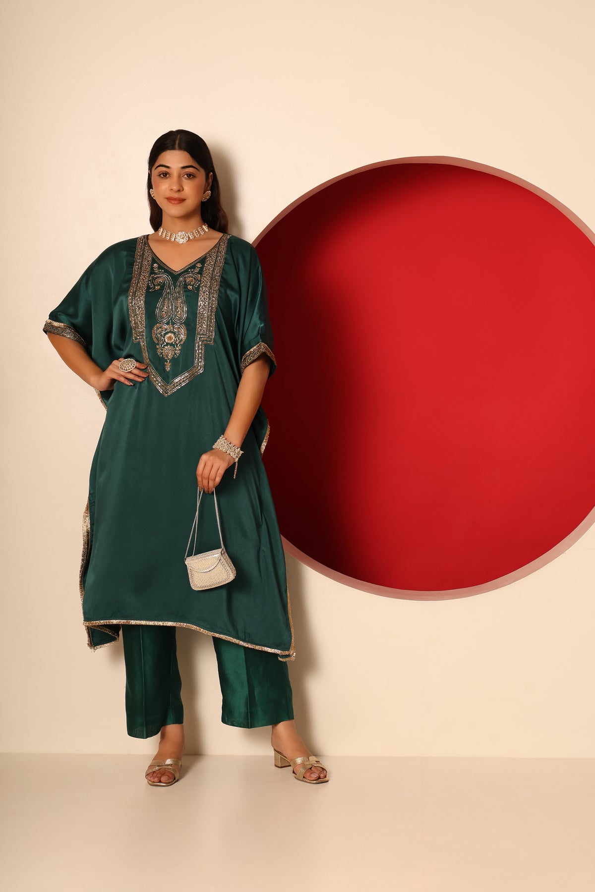 Yana- Green Satin kaftan and Chanderi silk Pants Set