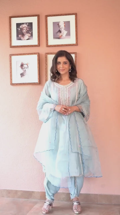 Ice Blue Embroidered A-Line Kurta & Dhoti Set