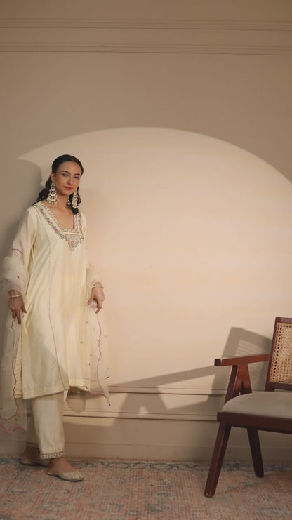 Ivory Glass Neck A-Line Kurta & Pant Set