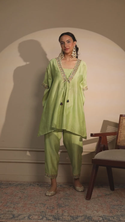 Green Short Kaftan with Pants
